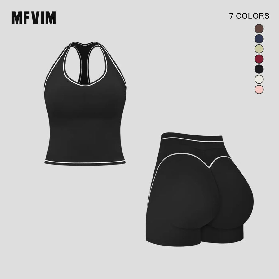 MFVIM Women's Solid Crop Sports Bra & High Waist Gym Shorts Tracksuit Set, High Stretch Casual Breathable Comfortable Quick Drying Spaghetti Strap Backless Sports Bra & Drawstring Waist Skinny Shorts for Yoga Gym Workout, Ladies Sportswear for All Seasons
