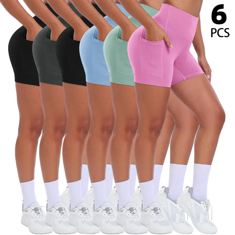 Women’s bike shorts with pockets, high-waisted tummy control and stretch; fitness yoga workout shorts, 4-pack6-pack