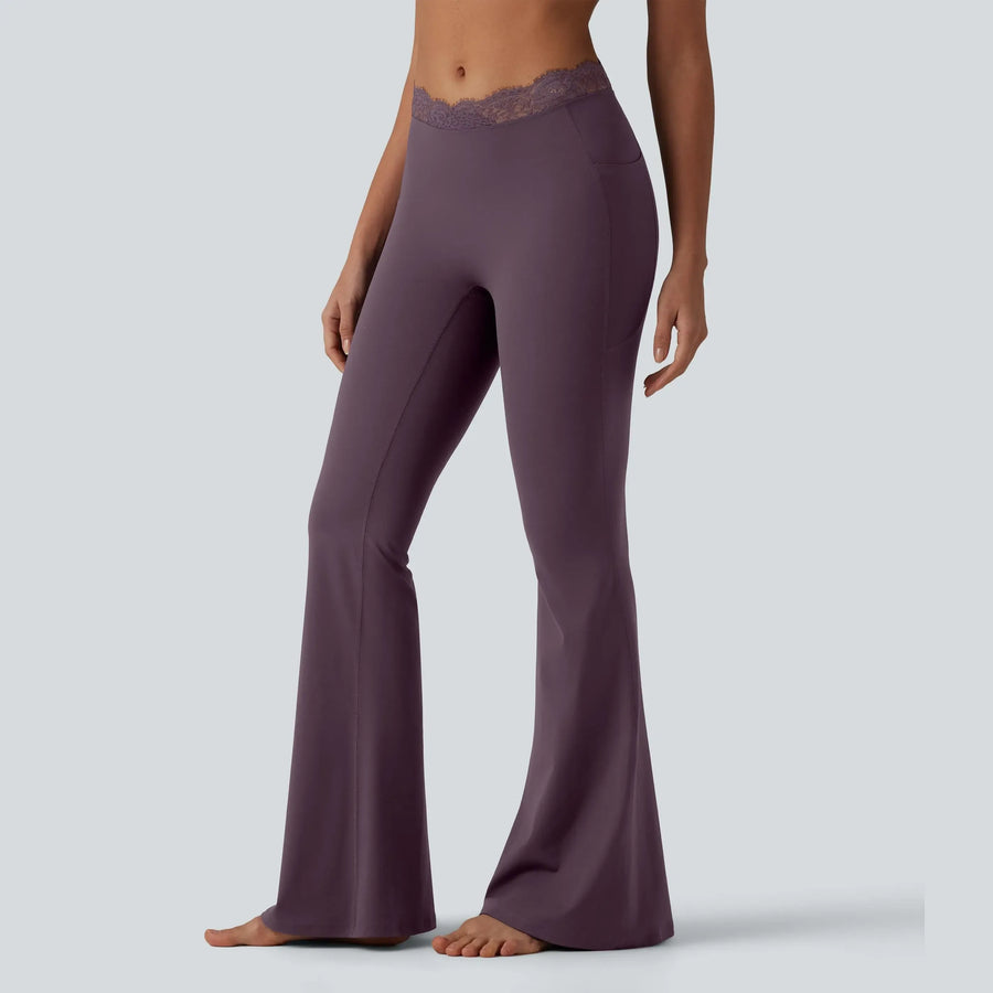Halara UltraSculpt™ V-Shaped High Waisted Contrast Lace Yoga Flare Leggings with Pockets